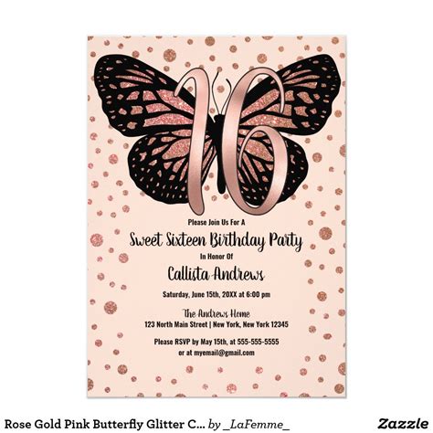 Rose Gold Pink Butterfly Glitter Confetti Sweet 16 Invitation Zazzle