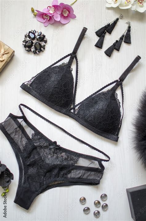 Sexy Lace Lingerie Set On The White Background Fasion Black Thongs And Bra With Women