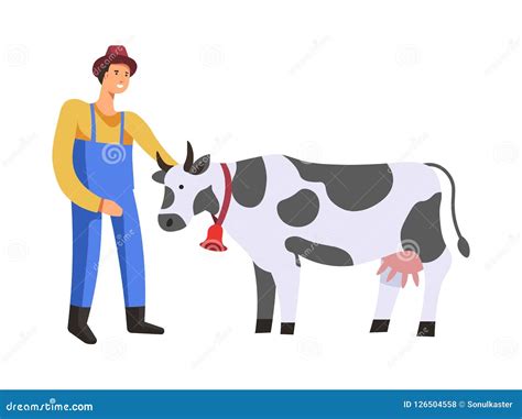 Farm Farmer With Cow Care For Livestock Isolated Vector Stock Vector Illustration Of Closeup