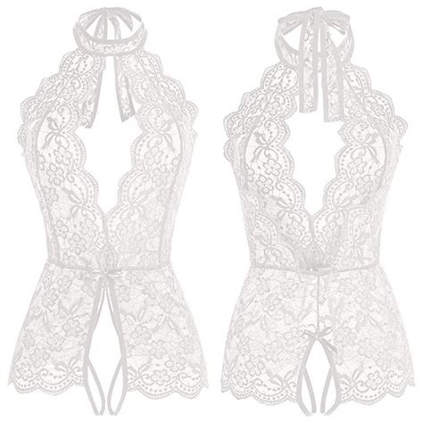 Uaang Women Open Crotch Bodysuit Sexy Lingerie Set Lace See Through Deep V Bra Top And