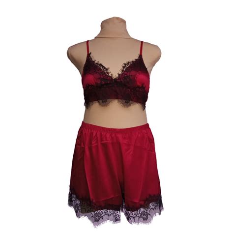 Satin Eyelash Lace Bra Shorts Set Hot Lingerie Set Woomen Pk