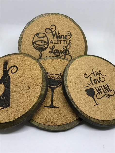 Wood Coaster Wine Themed Laser Engraved Bamboo Wood With Cork Top