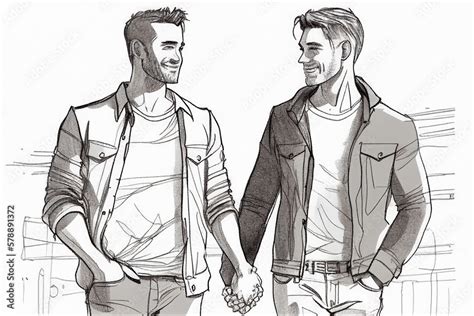 Sketch Of Happy Smiling Gay Couple Holding Hands Pride Proud Lgbt Generative AI Stock
