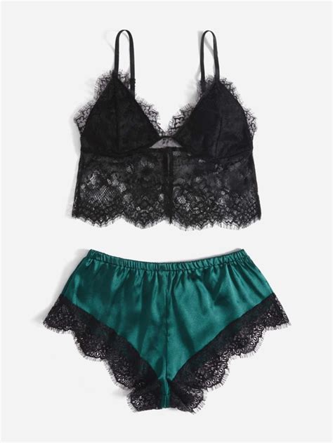 Contrast Lace Satin Lingerie Set SHEIN USA