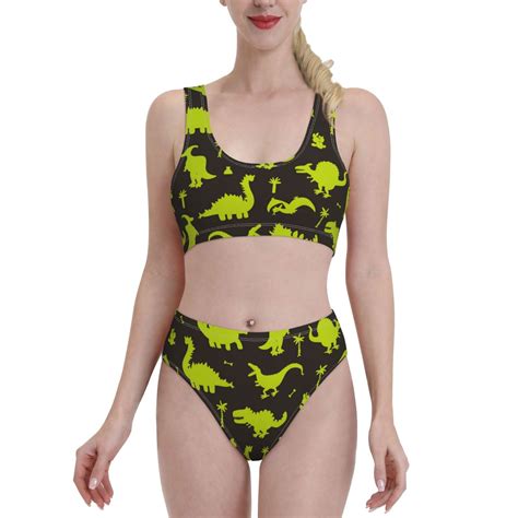 Lukts Women High Waisted Bikini Set Cute Cartoon Dinosaurs Swimsuit 2 Piece Bathing Suit Tummy