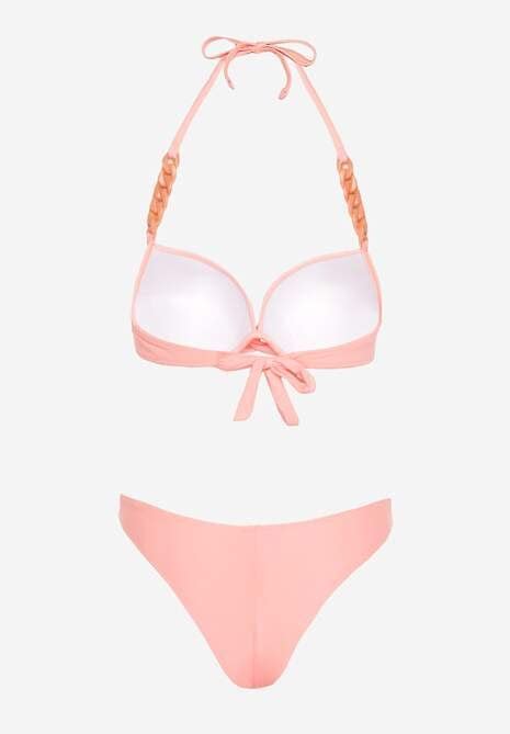 Jasnoróżowe Bikini z Usztywnianym Biustonoszem Wykończonym Łańcuszkiem z Elastycznymi Majtkami