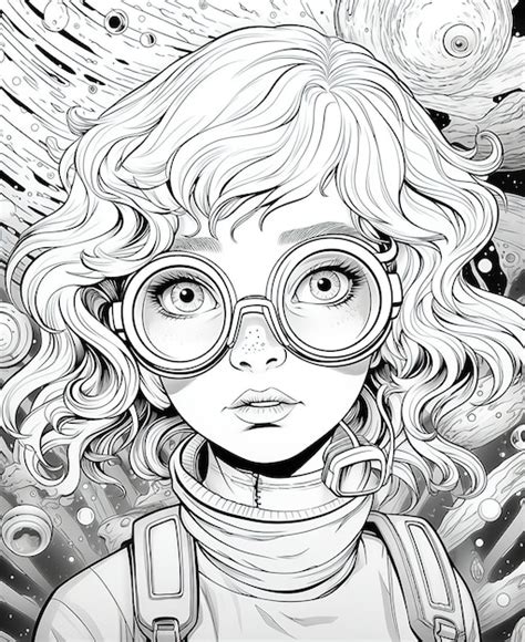 Fille Blonde Avec Des Lunettes Dans L espace Meilleur Dessin à La Main Livre Coloré Eps