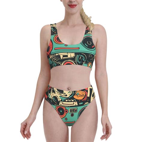 Logiee Retro Pop Art Collage Print Women S Piece Bikini Set Halter