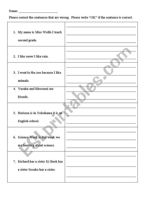 English Worksheets Correcting Run On Sentences