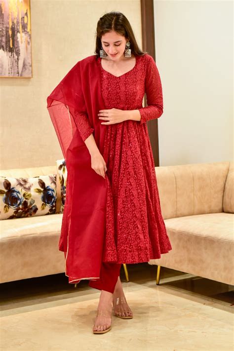 Red Chickankari Georgette Anarkali Suit Iraho