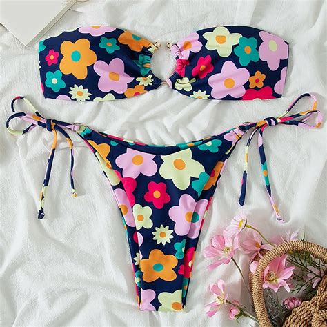 Sexy Women Floral Bikini Set Two Piece Strapless Swimsuit Lace Up