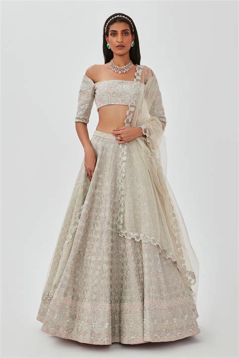 Buy Aisha Rao Silver Tissue Alya Floral Embroidered 12 Kali Lehenga Set