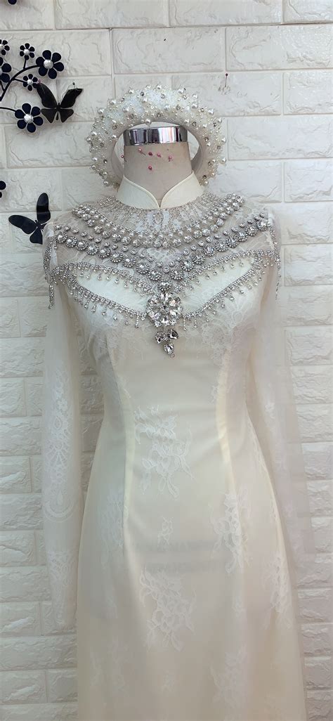 Nude Cream Ivory Vietnamese Wedding Ao Dai With Sparkly Beadings Or Glitter Tulle Optional
