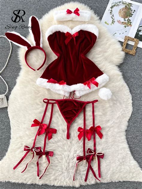 SINGREINY Cosplay Rabbit Maid Sexy Nightwear Halter Splice Fur Bow Lingerie Combination