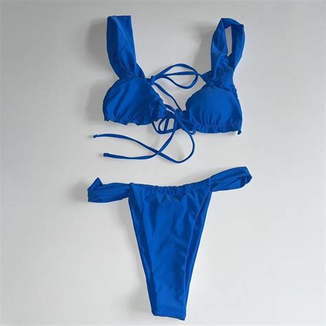 Womens Blue Ruffle Bikini Set Size L Fits UK Depop