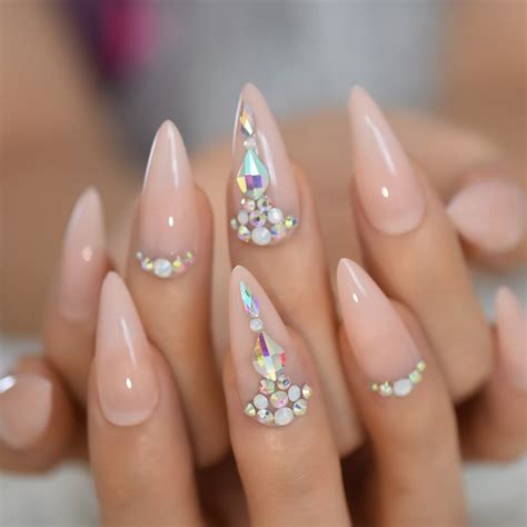 Natual Nude False Nails ABS Pointed Strass Long St Vicedeal