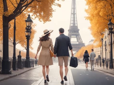 Couple Walking In Paris Happy Couple Going On Vacation Together Walking