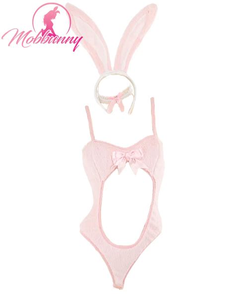 Mobbunny Women Pink Bunny Sexy Lingerie Set Suspenders Hollow Furry Bodysuit With Bunny Ear