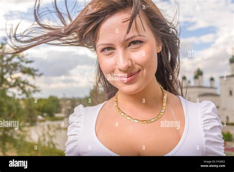 Closeup Portrait Smiling Brunette Woman Outdoors Stock Photo Alamy