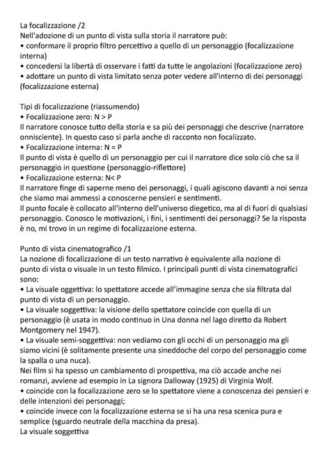 Lez Anal Testo Appunti Lezione La Focalizzazione Nell Adozione Di Un Punto Di Vista