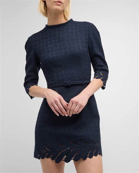 Oscar De La Renta Fern Embroidered Sleeve Belted Tweed Mini Dress