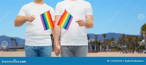 Male Couple With Gay Pride Flags Holding Hands Stock Photo Image Of