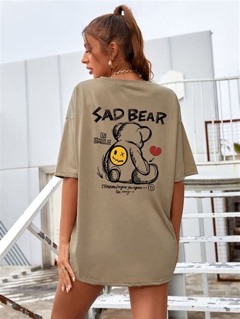 Bear Slogan Graphic Oversized Tee Camisetas Estampadas Camiseta De