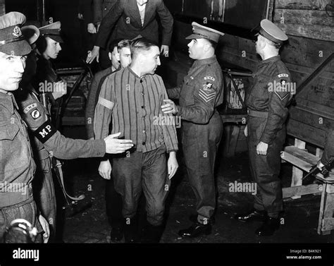 WW2 War Crimes Trial at Luneberg 1945 Prisoners arrive including Josef Kramer Stock Photo - Alamy