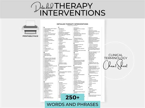 Therapy Interventions List Clinical Terms Cheat Sheet Reference For