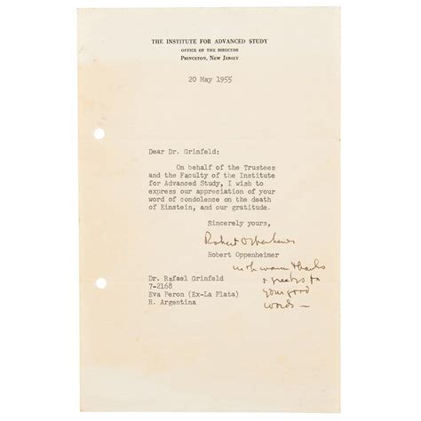 Robert Oppenheimer Typed Letter Signed On Death Of Albert Einstein Auction