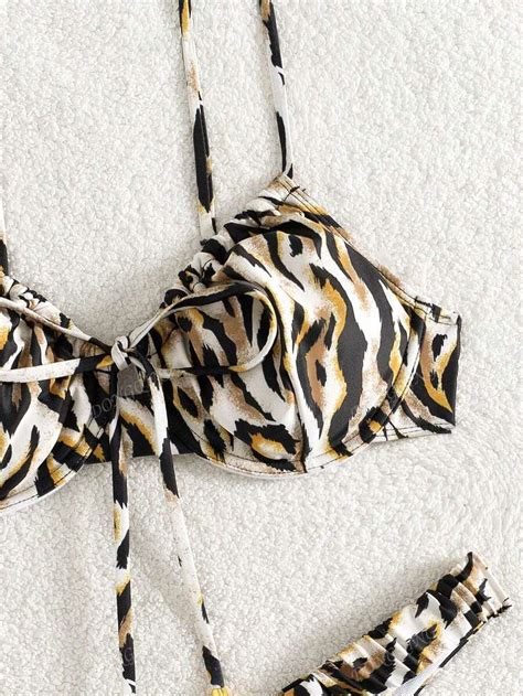 Summer Women Leopard Print Halter Tie Sexy Bikini Beach Vacation Style Separate Swimwear Set