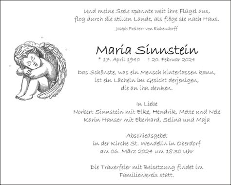 Traueranzeigen Von Maria Sinnstein Schwaebische De Trauerportal