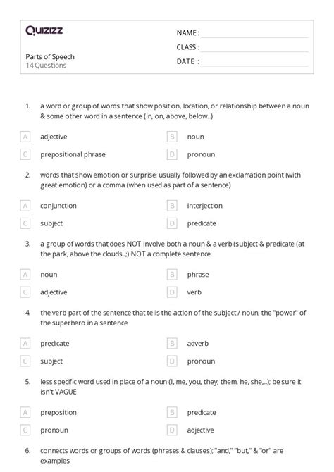 50 Parts Of Speech Worksheets On Quizizz Free And Printable