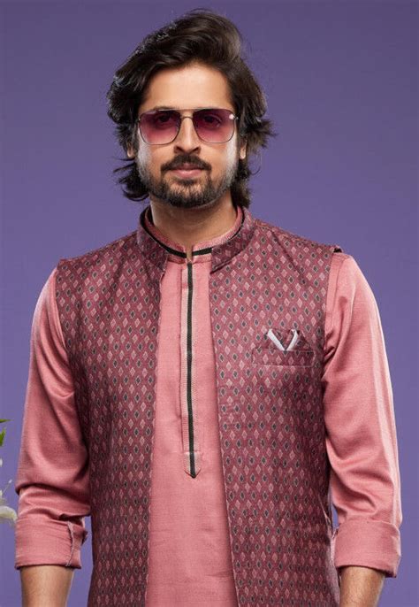 Buy Digital Printed Art Silk Kurta Set In Peach And Maroon Online