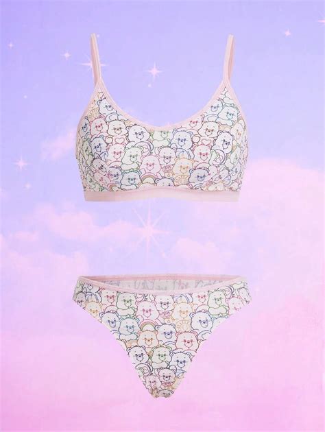 ROMWE X Care Bears Cartoon Graphic Contrast Binding Lingerie Set