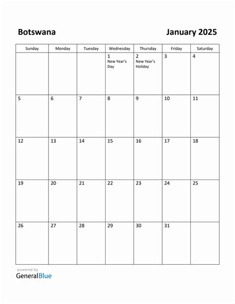 Free Printable January 2025 Calendar for Botswana