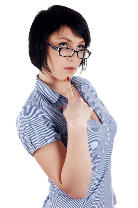 The Charming Brunette In A Blue Shirt Stock Image Image Of Background Beautiful