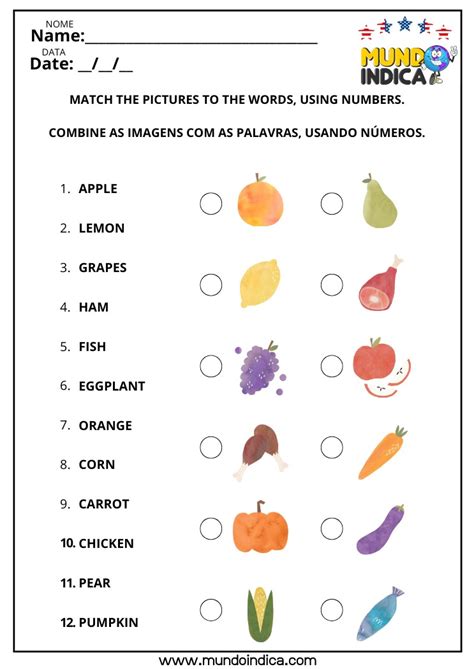 7 Atividades de Inglês com Frutas e Vegetais para Imprimir