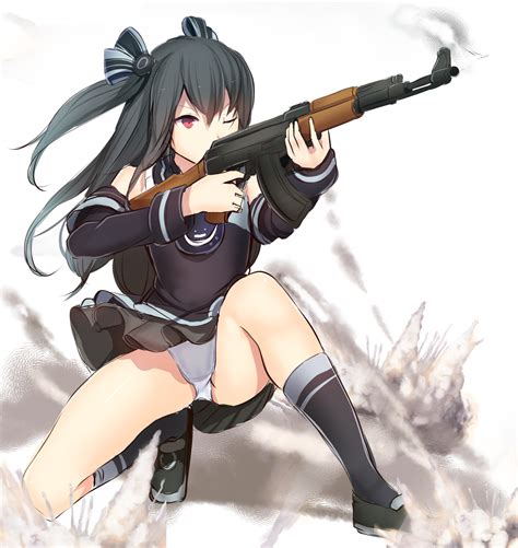 Safebooru 1girl Aiming Ak 47 Assault Rifle Bare Legs Bare Shoulders