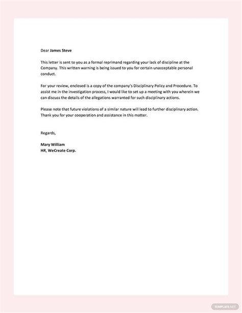 Disciplinary Warning Letter Template In Word Google Docs Pages Pdf