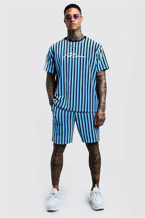 Boohooman Man Signature Velour Stripe T Shirt And Short Set In Blue For