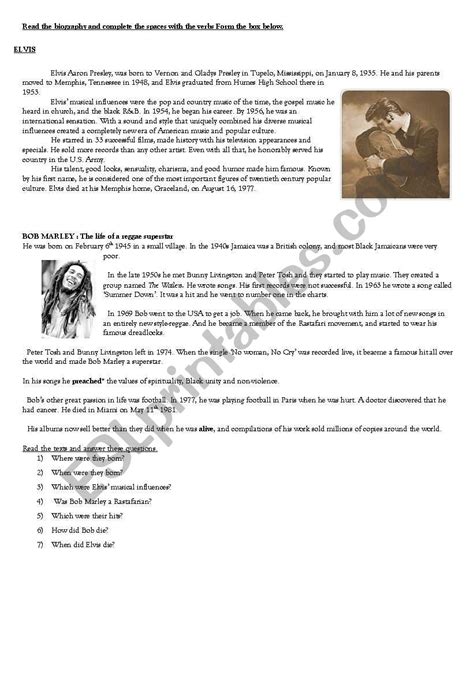 Elvis And Bob Marley´s Biographies Esl Worksheet By Fanaticorojo