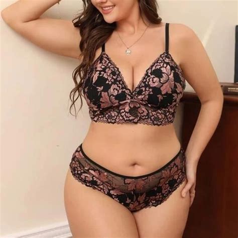 Plus Size Lingerie Sexy Dentelle Floral Broderie Temptation Culotte Lingerie Ensemble Rose Rose