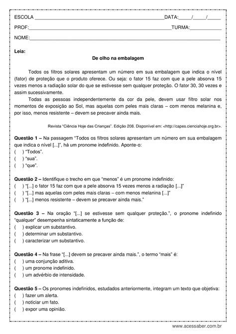 Exercícios Artigos Definidos E Indefinidos Com Gabarito