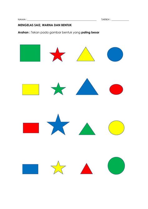 mengelas saiz warna  bentuk  exercise   worksheets