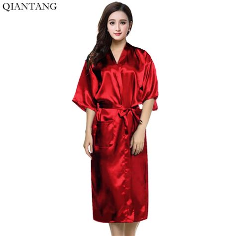 Red Womens Robe Hot Sale Faux Silk Kimono Bath Gown Female Sexy Bathrobe Nightgown Mujer Pijama