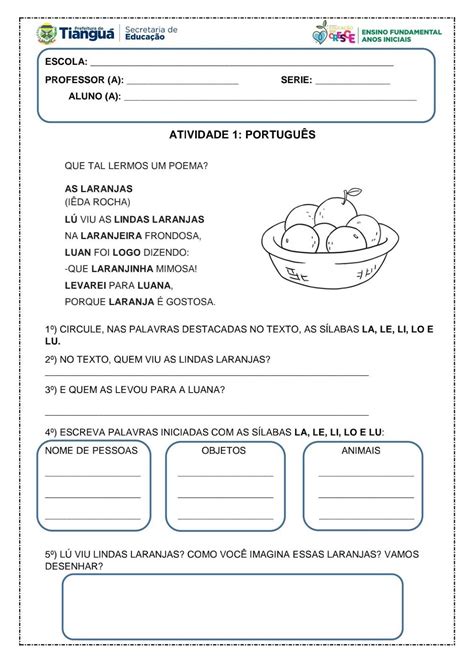 Atividades De Português 1 Ano Fundamental Para Imprimir Pdf