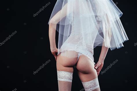 Sexy Beautiful Nude Bride With Veil In White Erotic Lingerie On A Black Background Beauty