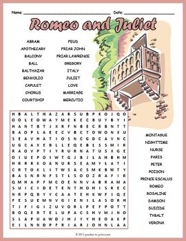 Romeo and Juliet Word Search Worksheet by Puzzles to Print | TpT