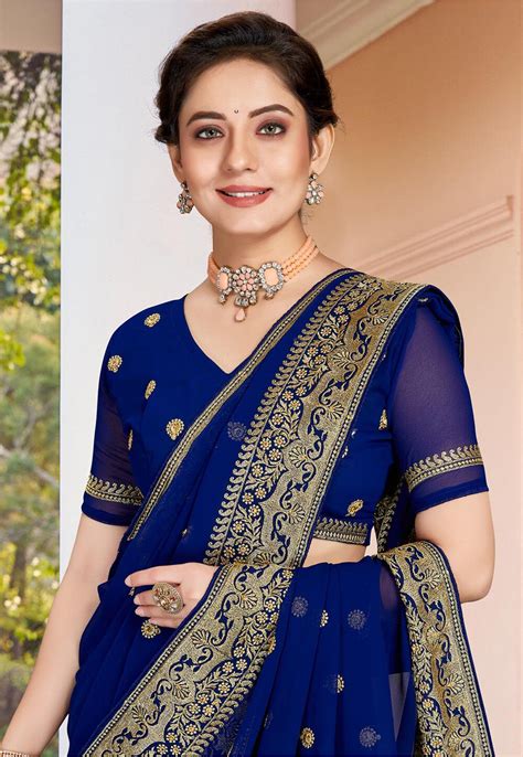 Buy Embroidered Georgette Saree In Navy Blue Online Scba4020 Utsav Fashion